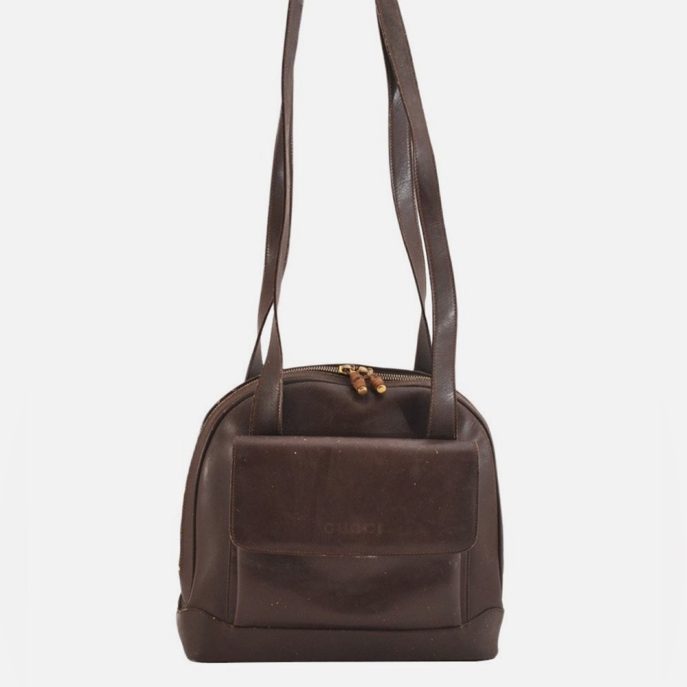 Authentic GUCCI Vintage Bamboo Shoulder Bag Purse Leather Brown